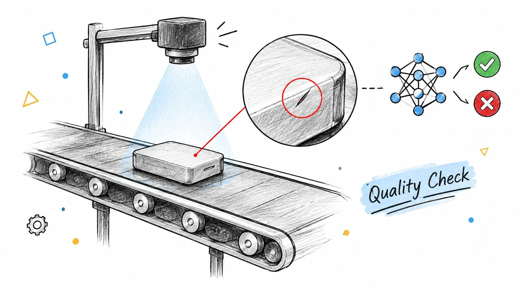 A pencil sketch illustration showing an automated conveyor belt system using AI vision for quality control inspection.