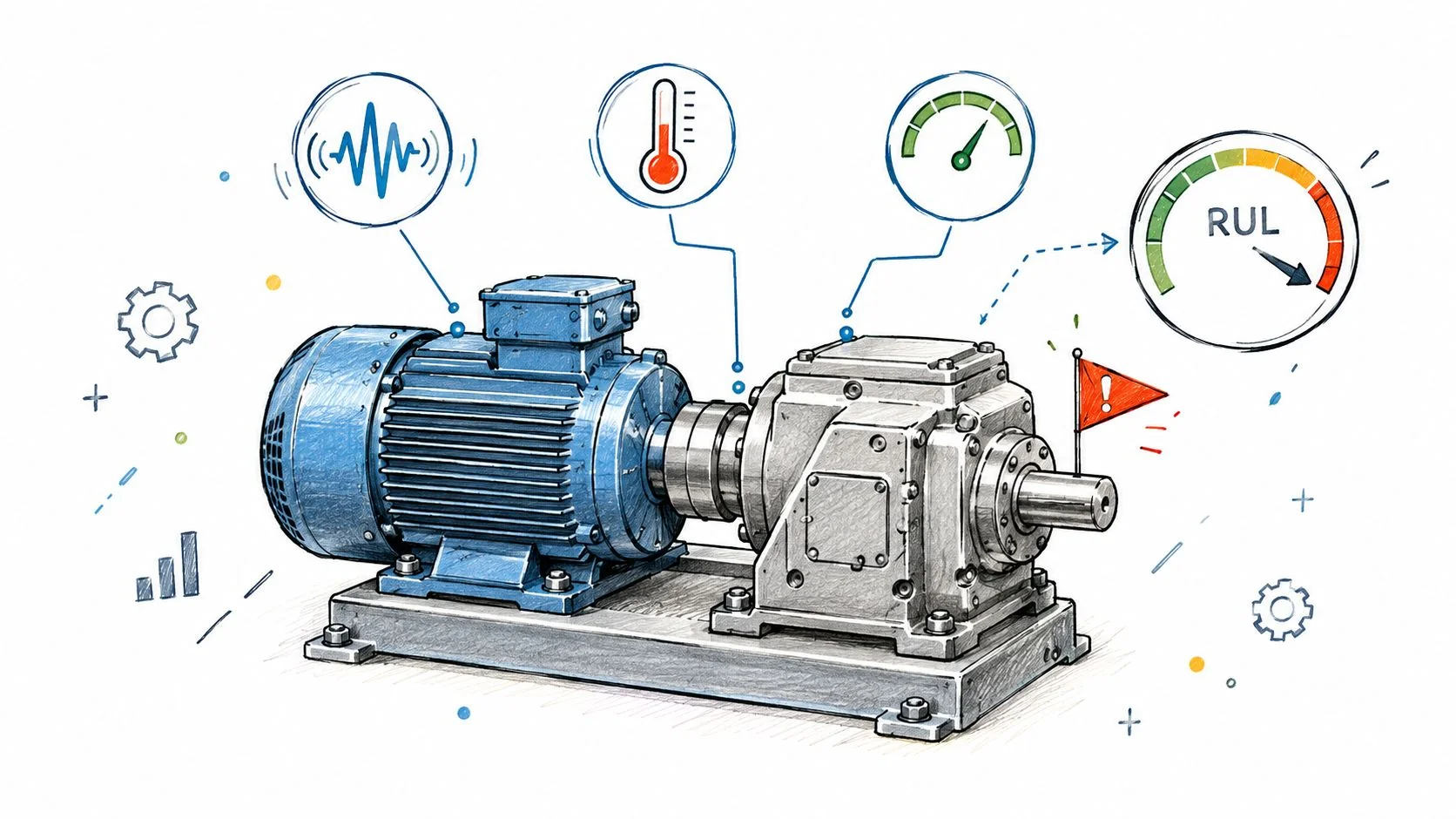 A digital illustration showing an industrial motor connected to a gearbox with monitoring sensors and RUL gauge.