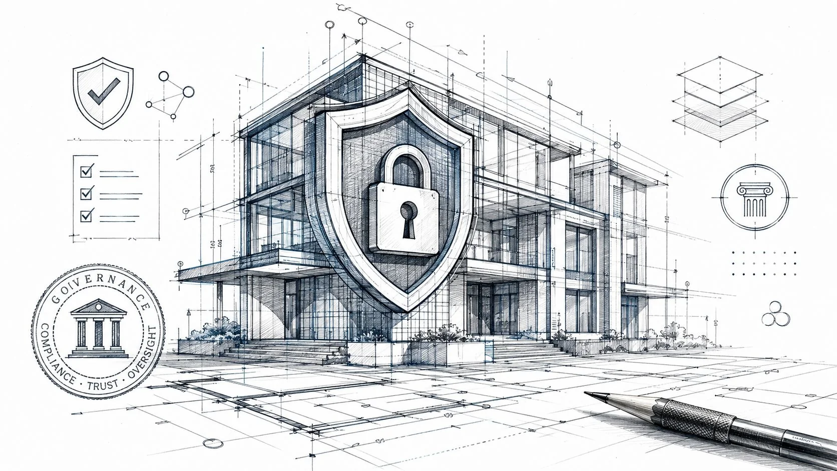 Architectural sketch of a building integrated with a large security shield and padlock for enterprise AI infrastructure.