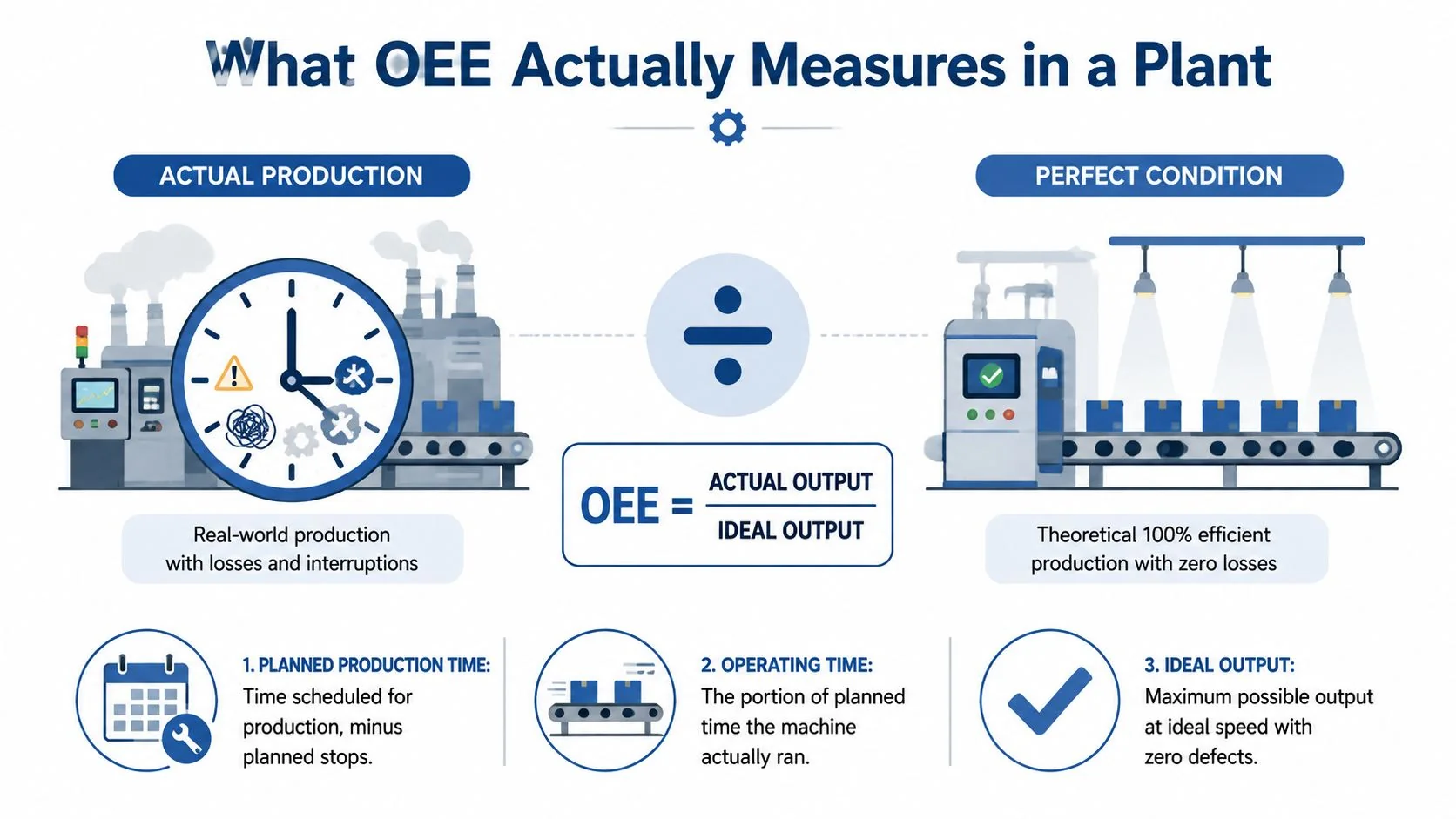 An infographic explaining how to calculate OEE as the ratio of actual output to ideal output.