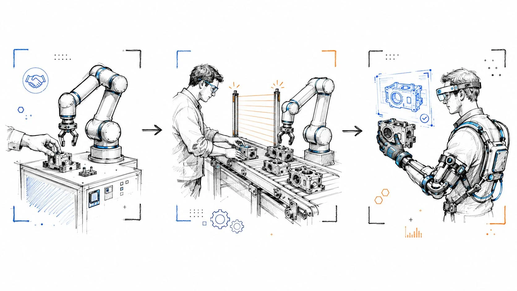 A conceptual illustration showing a three-stage human-robot collaboration process in a modern industrial manufacturing setting.