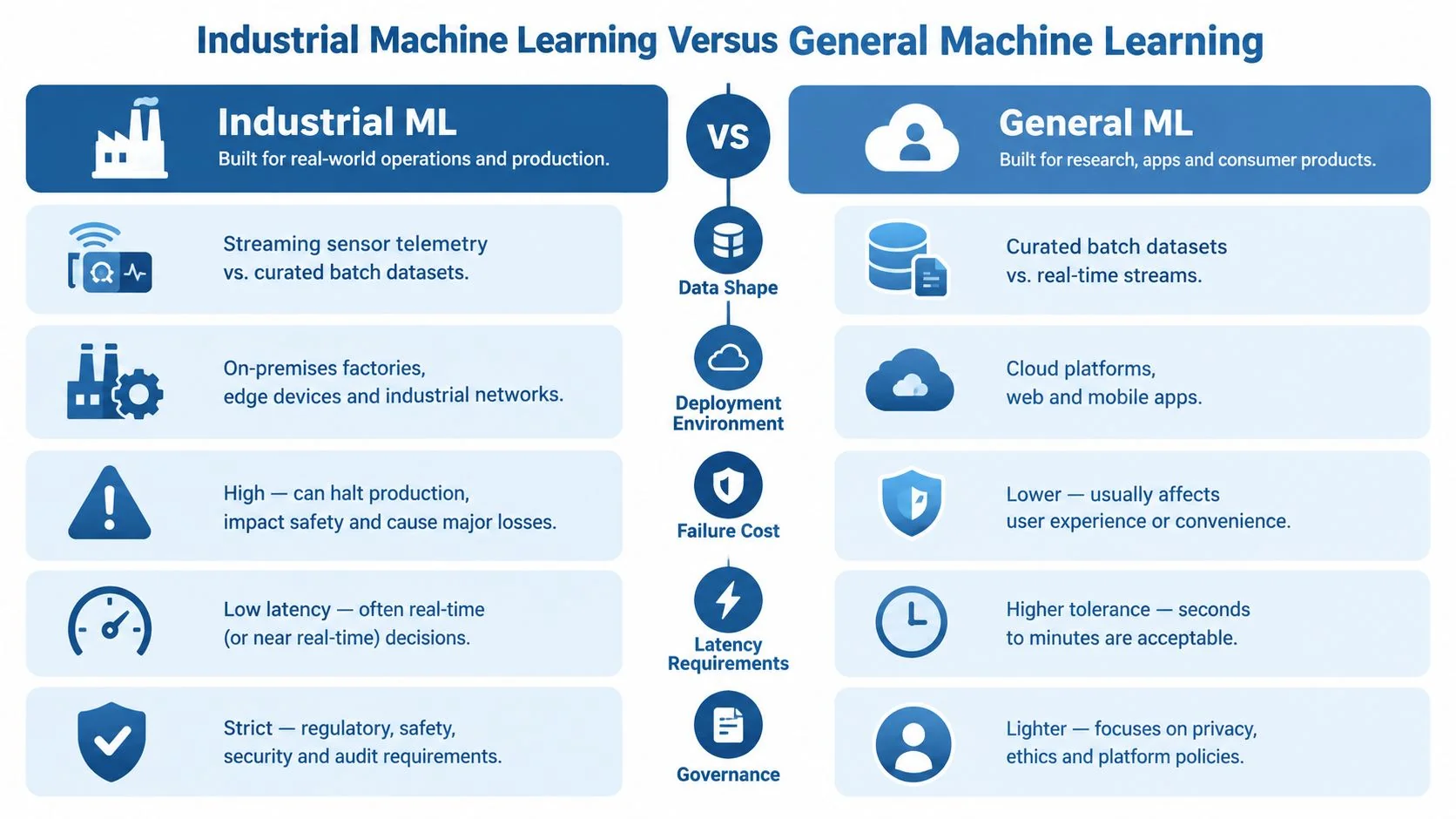 A comparative infographic highlighting the key differences between industrial machine learning and general machine learning systems.