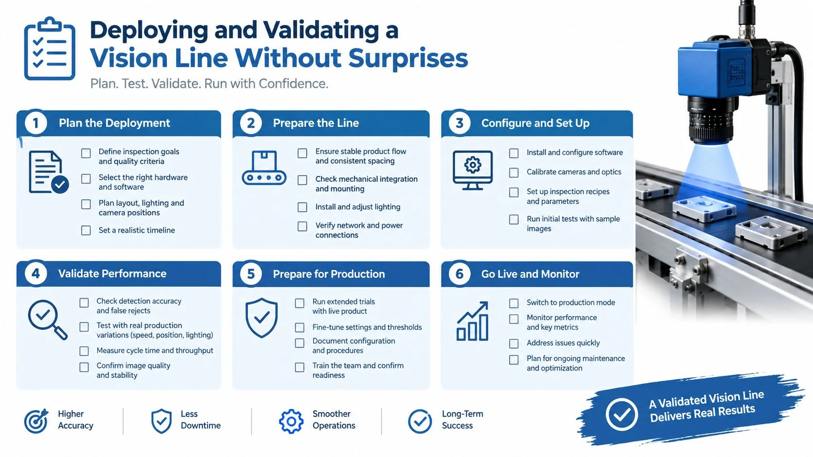 A six-step infographic detailing the process for planning, testing, and validating an industrial machine vision inspection line.