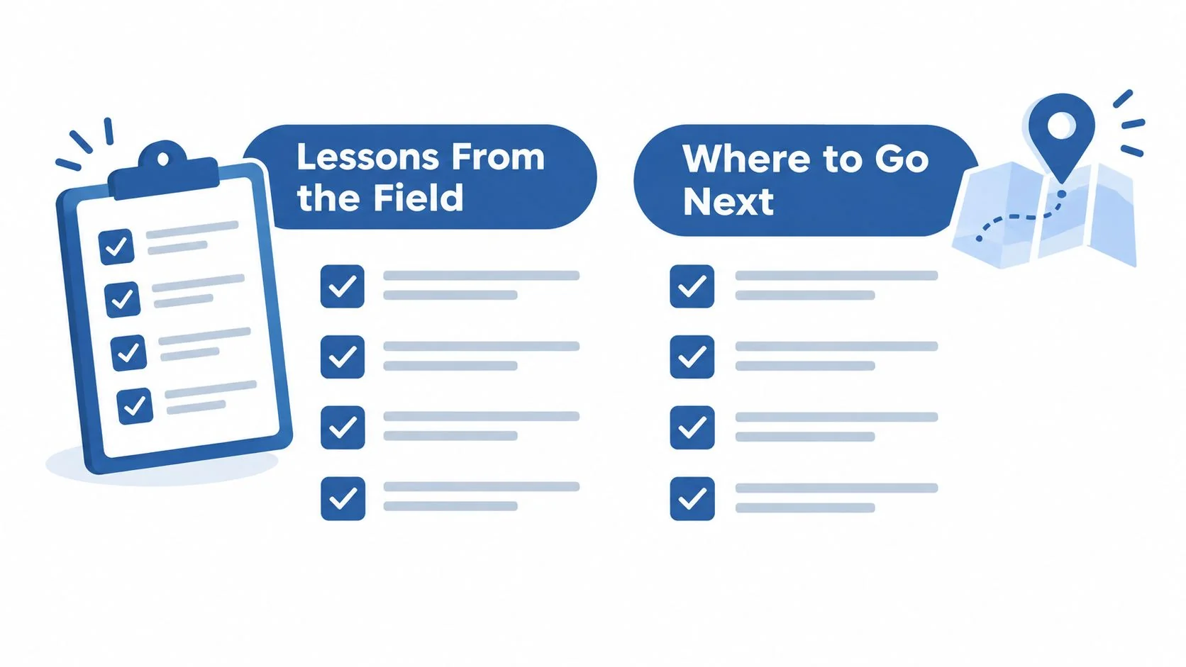 A digital graphic displaying two checklists titled Lessons From the Field and Where to Go Next.