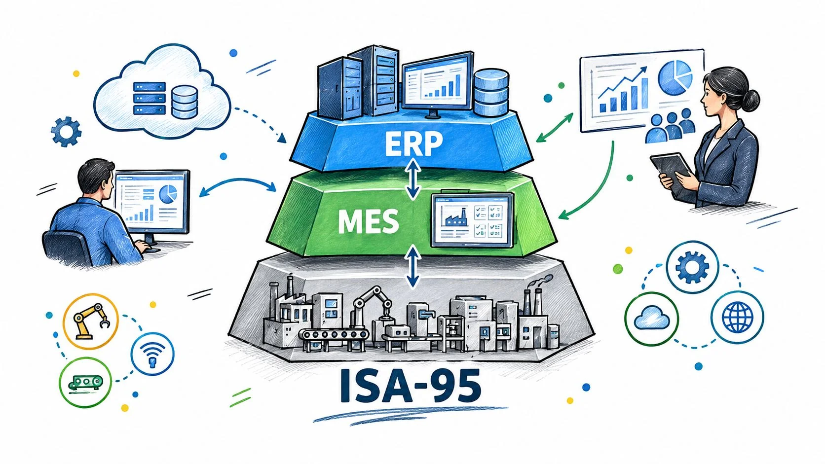 A diagram illustrating the ISA-95 model, showing the integration of ERP, MES, and factory floor operations.