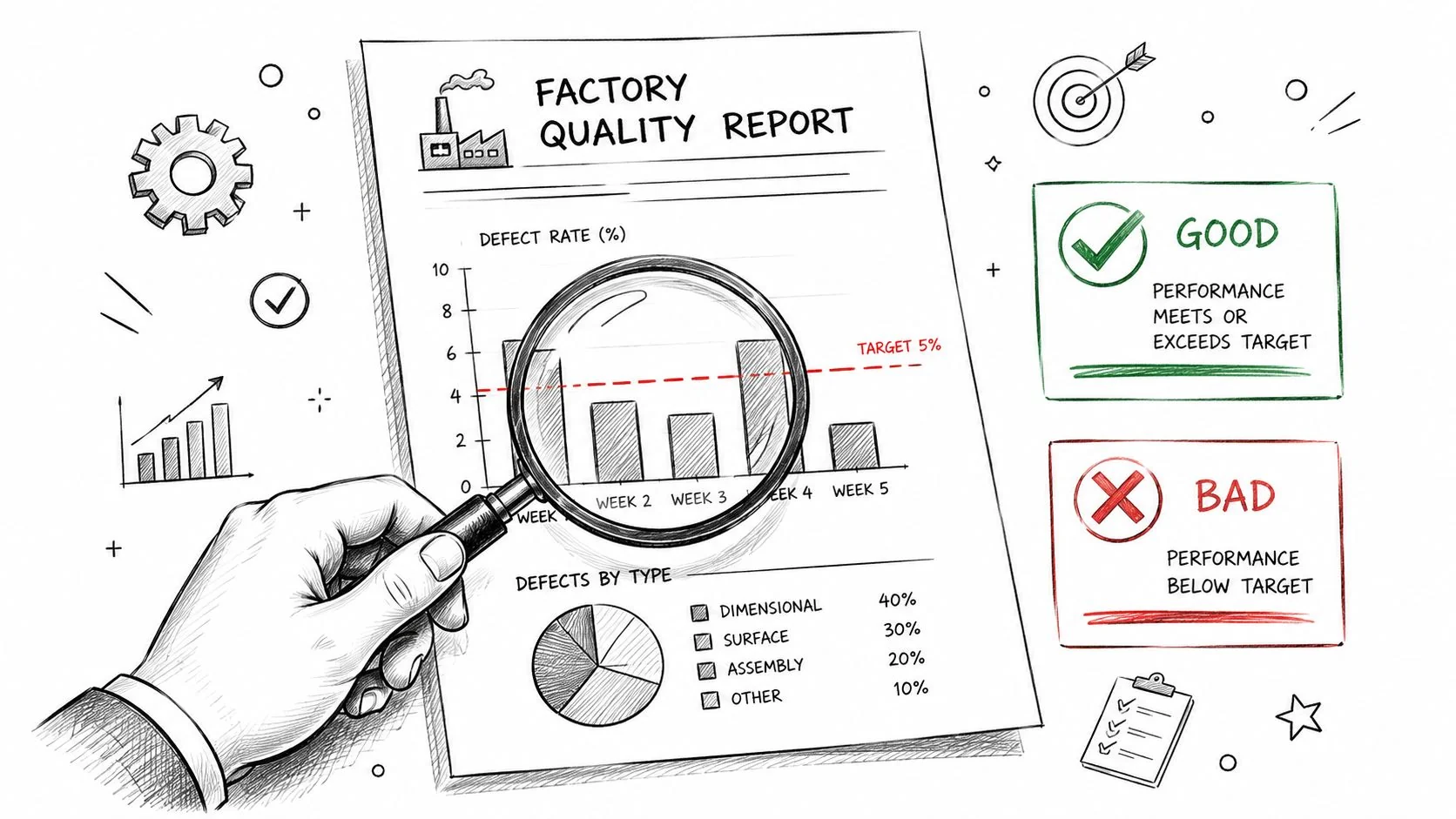 A hand holds a magnifying glass over a hand-drawn factory quality report chart showing defect rates.