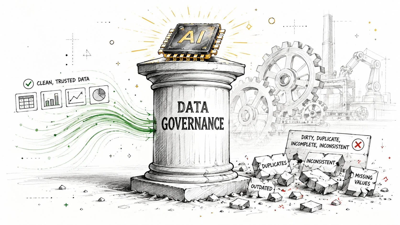 A conceptual illustration showing AI sitting atop a Data Governance pillar converting messy data into clean outputs.