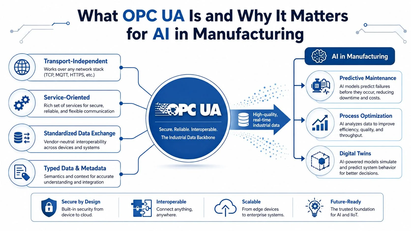 A diagram explaining how OPC UA serves as an industrial data backbone for AI in manufacturing applications.