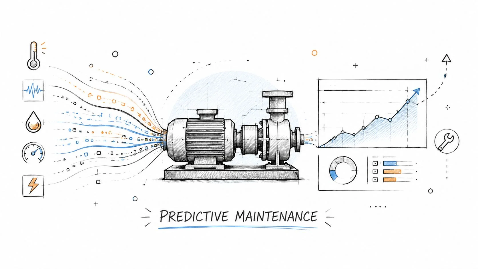 A digital illustration showing industrial predictive maintenance with sensors collecting data from a pump to generate analytics.