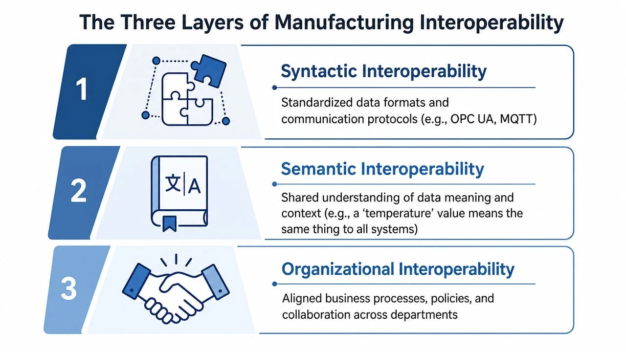 A diagram illustrating the three layers of manufacturing interoperability: syntactic, semantic, and organizational interoperability with descriptions.