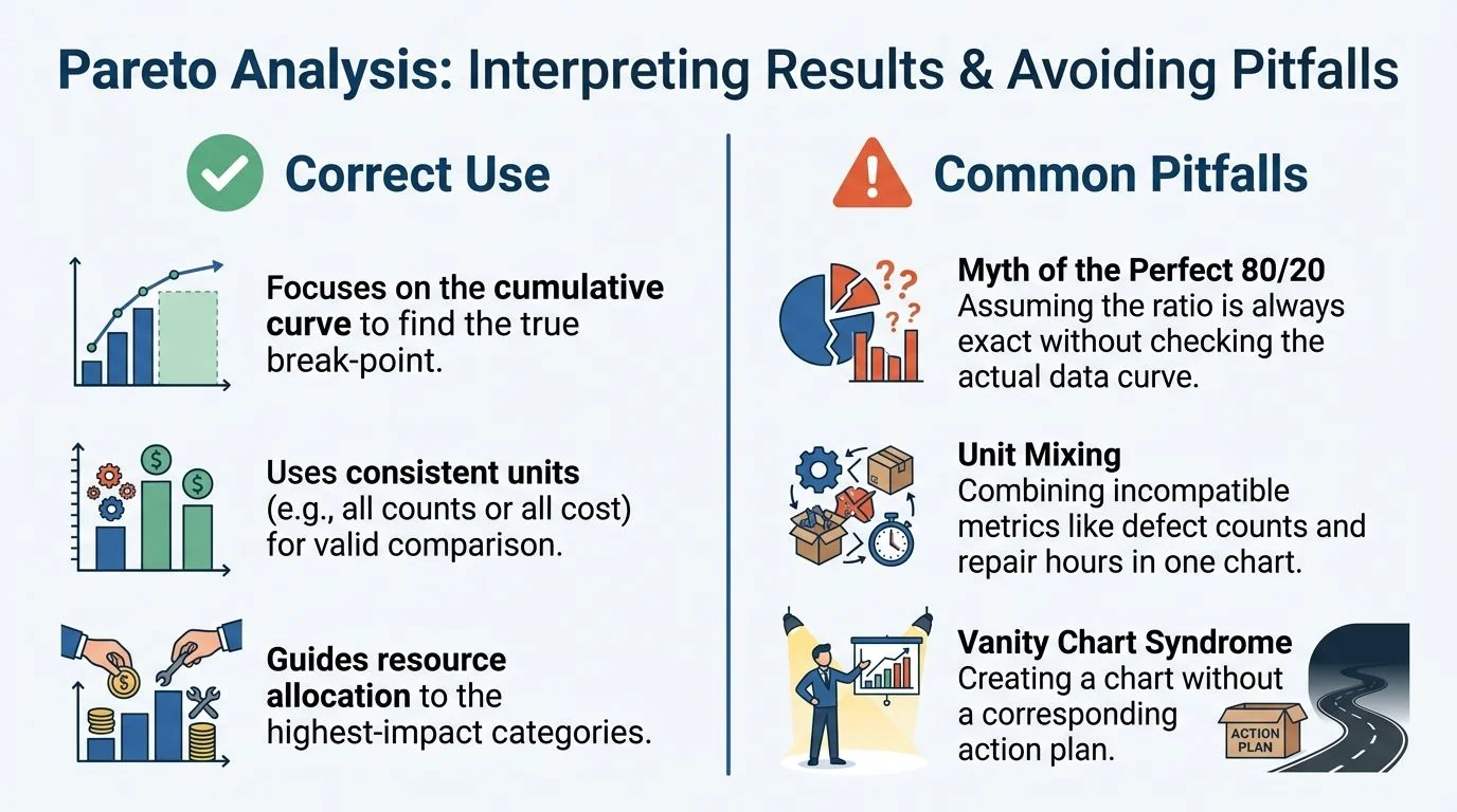 An infographic showing the correct use of Pareto analysis compared to common pitfalls to avoid.