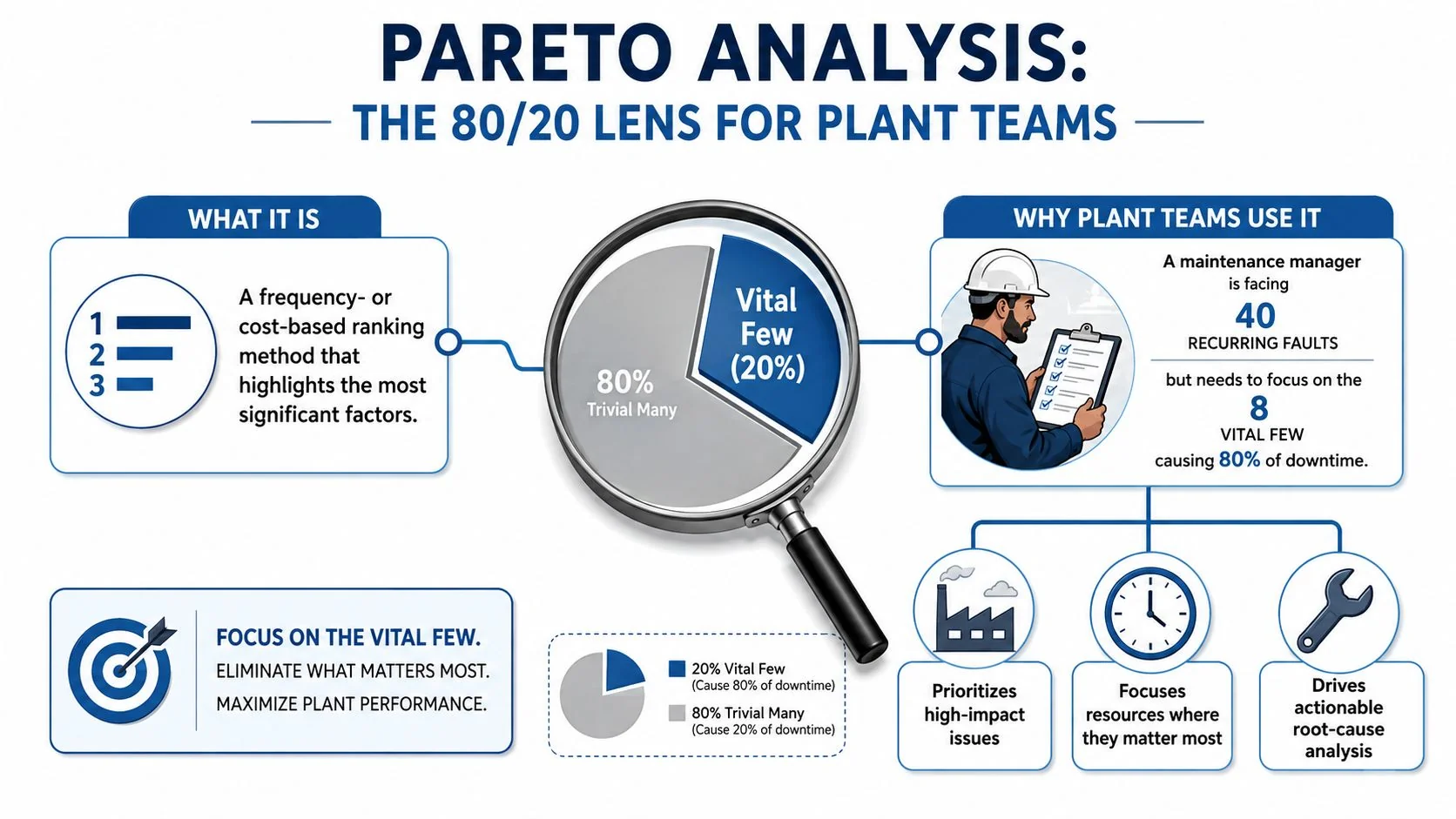 An infographic explaining Pareto analysis and the 80/20 rule to prioritize maintenance tasks in industrial plants.